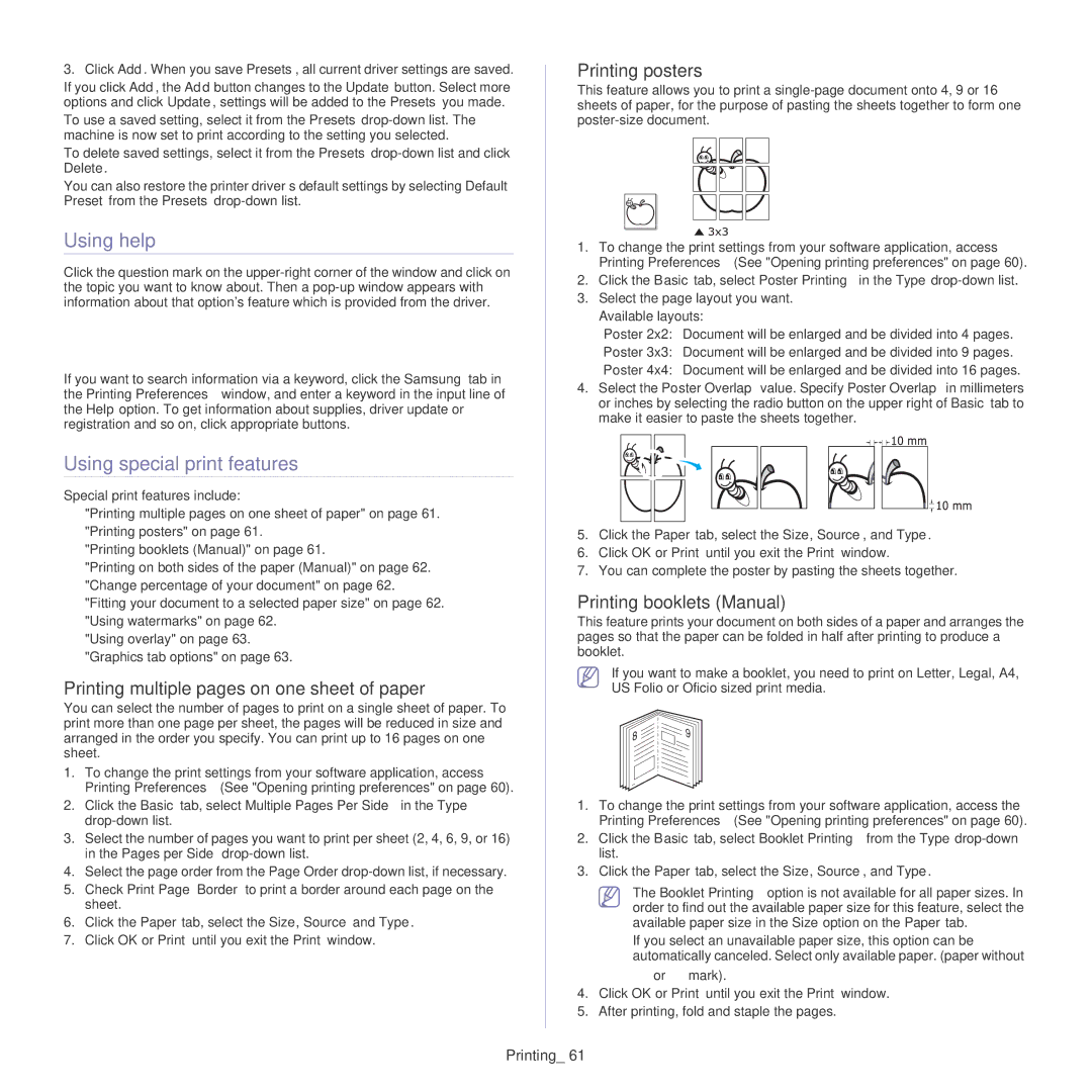 Samsung CLP-320 Using help, Using special print features, Printing multiple pages on one sheet of paper, Printing posters 