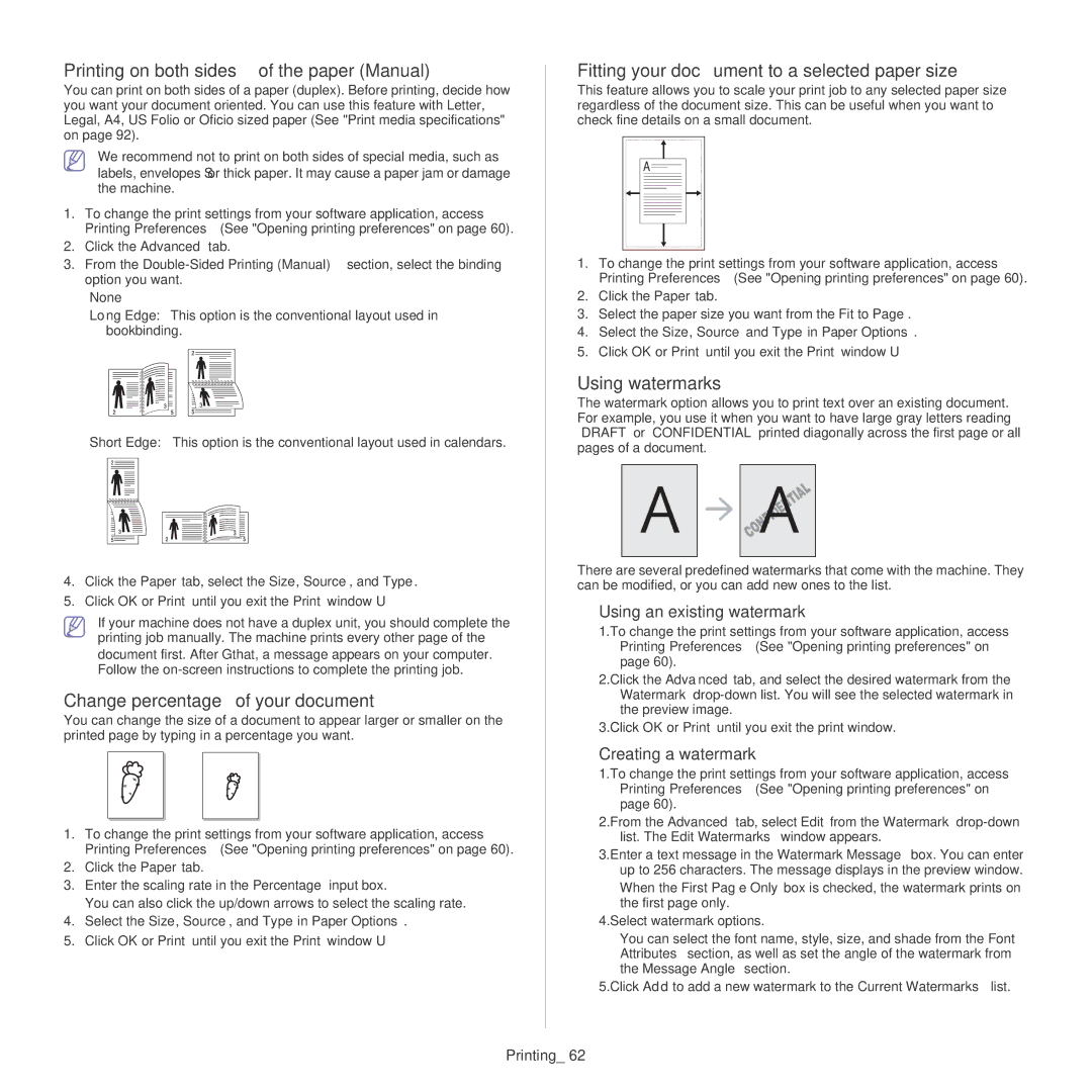 Samsung CLP-325W, CLP-320 Printing on both sides of the paper Manual, Change percentage of your document, Using watermarks 
