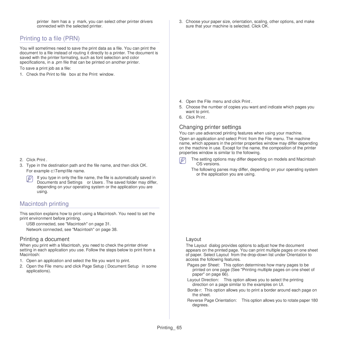 Samsung CLP-320 manual Printing to a file PRN, Macintosh printing, Printing a document, Changing printer settings, Layout 