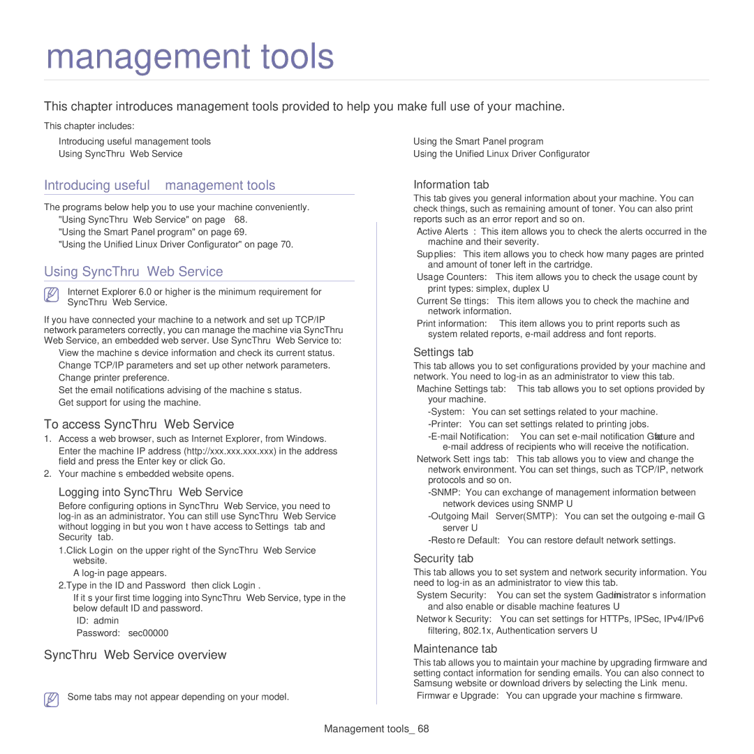 Samsung CLP-325W, CLP-320 manual Management tools, Introducing useful management tools, Using SyncThru Web Service 