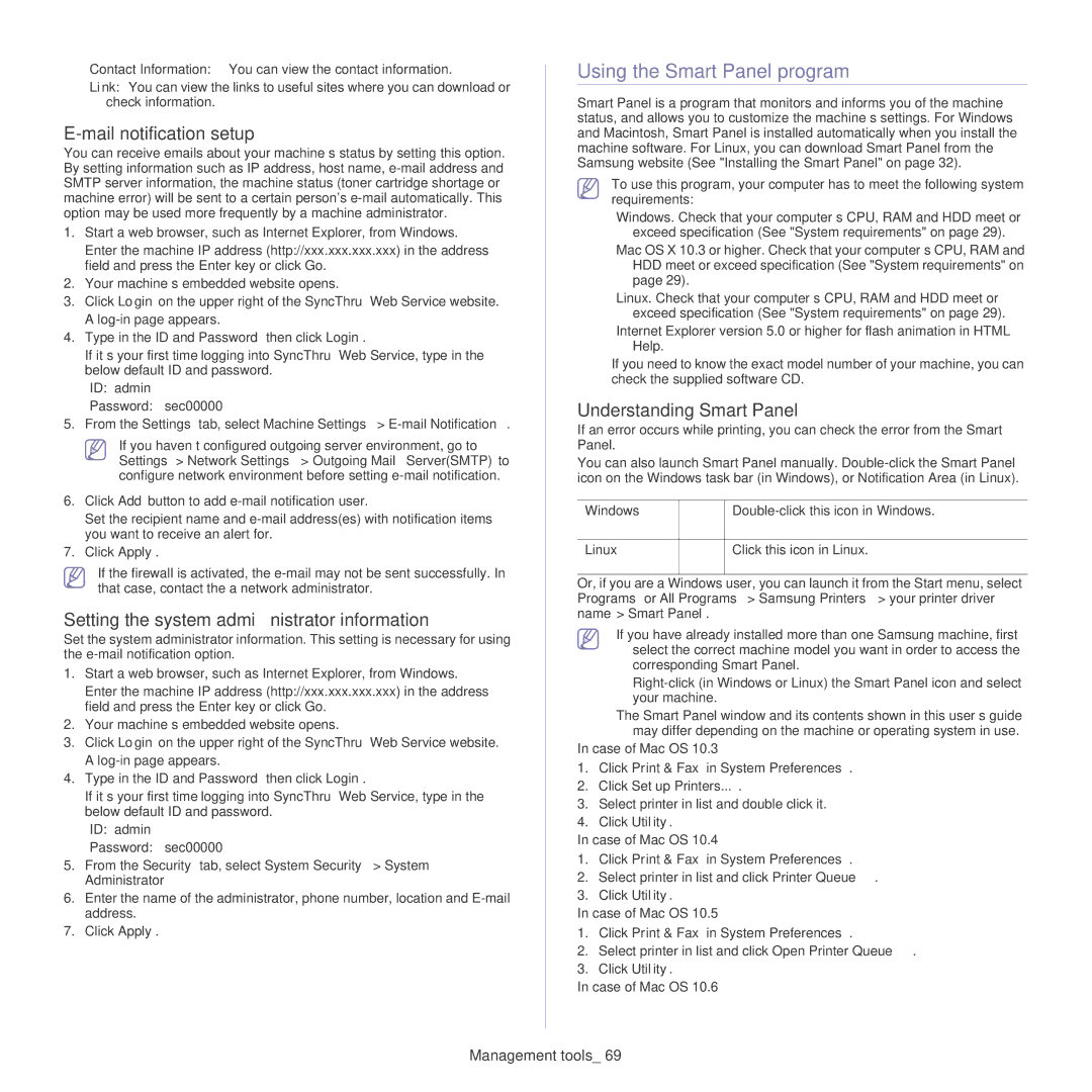 Samsung CLP-320 manual Using the Smart Panel program, Mail notification setup, Setting the system administrator information 