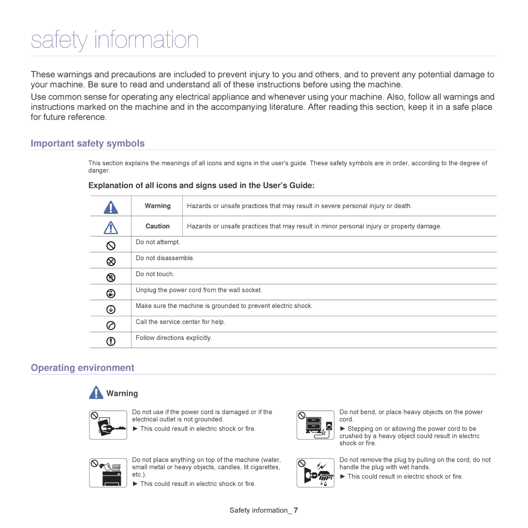 Samsung CLP-320, CLP-325W manual Safety information, Important safety symbols, Operating environment 