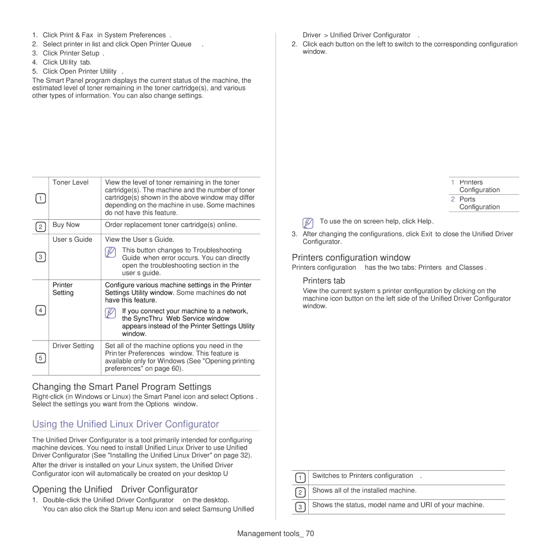 Samsung CLP-325W Using the Unified Linux Driver Configurator, Changing the Smart Panel Program Settings, Printers tab 