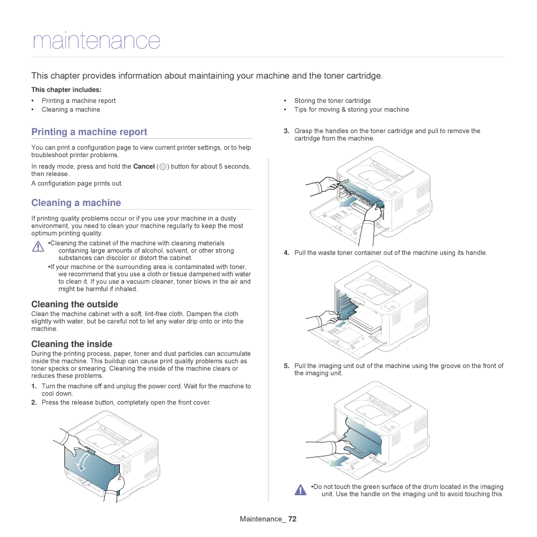 Samsung CLP-325W Maintenance, Printing a machine report, Cleaning a machine, Cleaning the outside, Cleaning the inside 