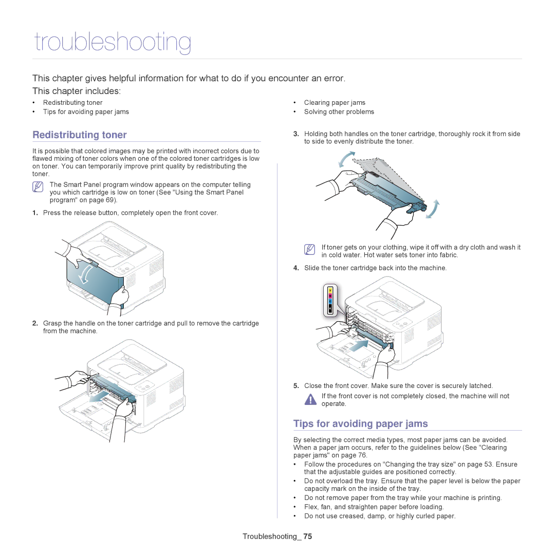 Samsung CLP-320, CLP-325W manual Troubleshooting, Redistributing toner, Tips for avoiding paper jams 