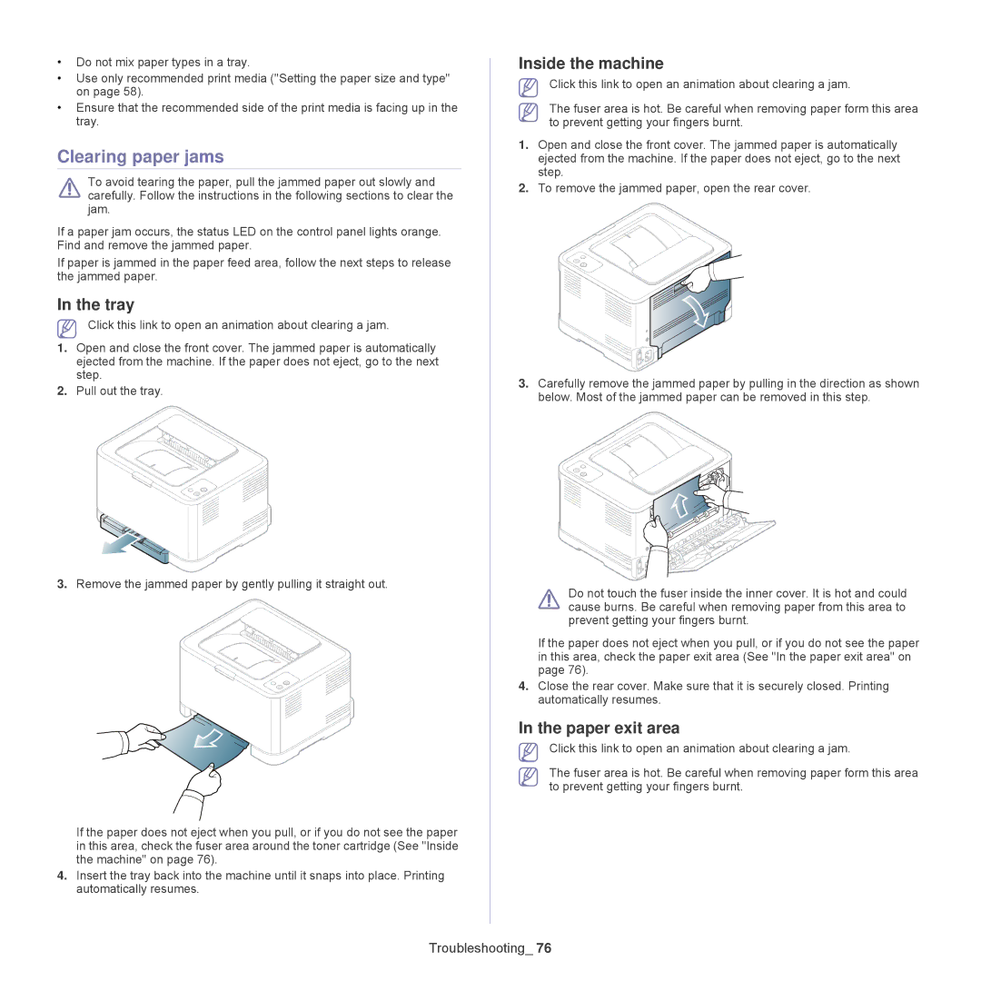 Samsung CLP-325W, CLP-320 manual Clearing paper jams, Inside the machine, Paper exit area 