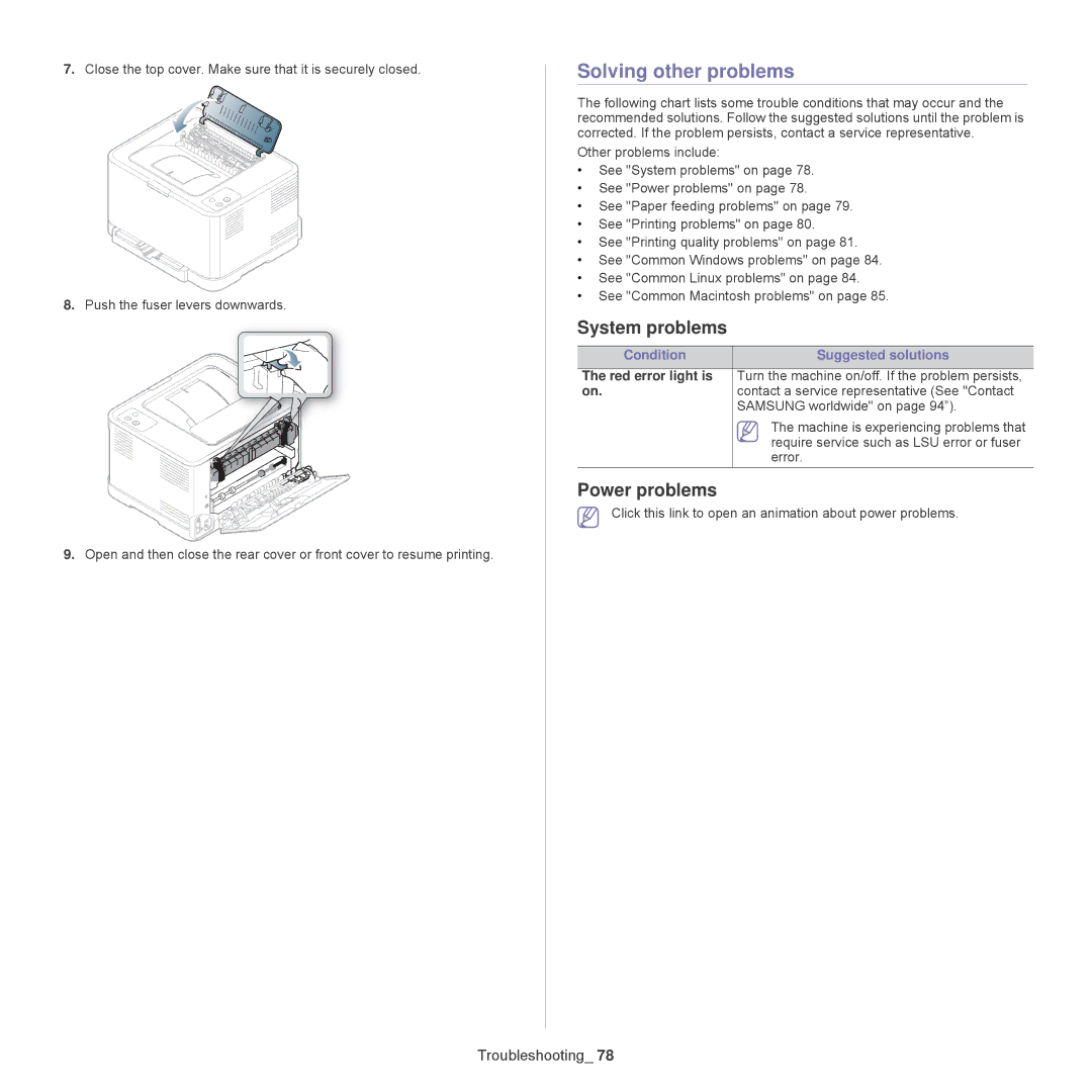 Samsung CLP-325W, CLP-320 manual Solving other problems, System problems, Power problems, Condition Suggested solutions 