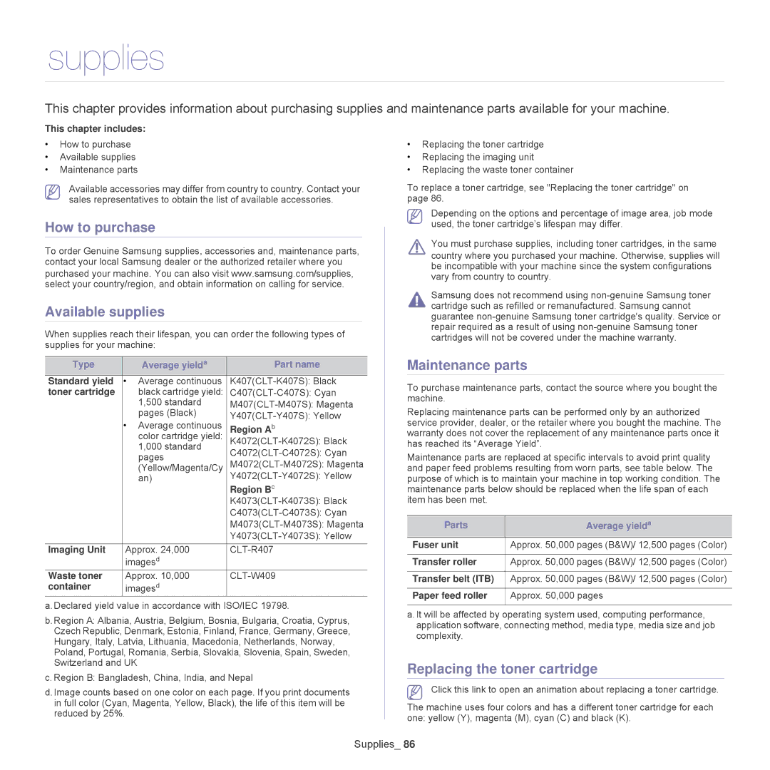 Samsung CLP-325W, CLP-320 Supplies, How to purchase, Available supplies, Maintenance parts, Replacing the toner cartridge 