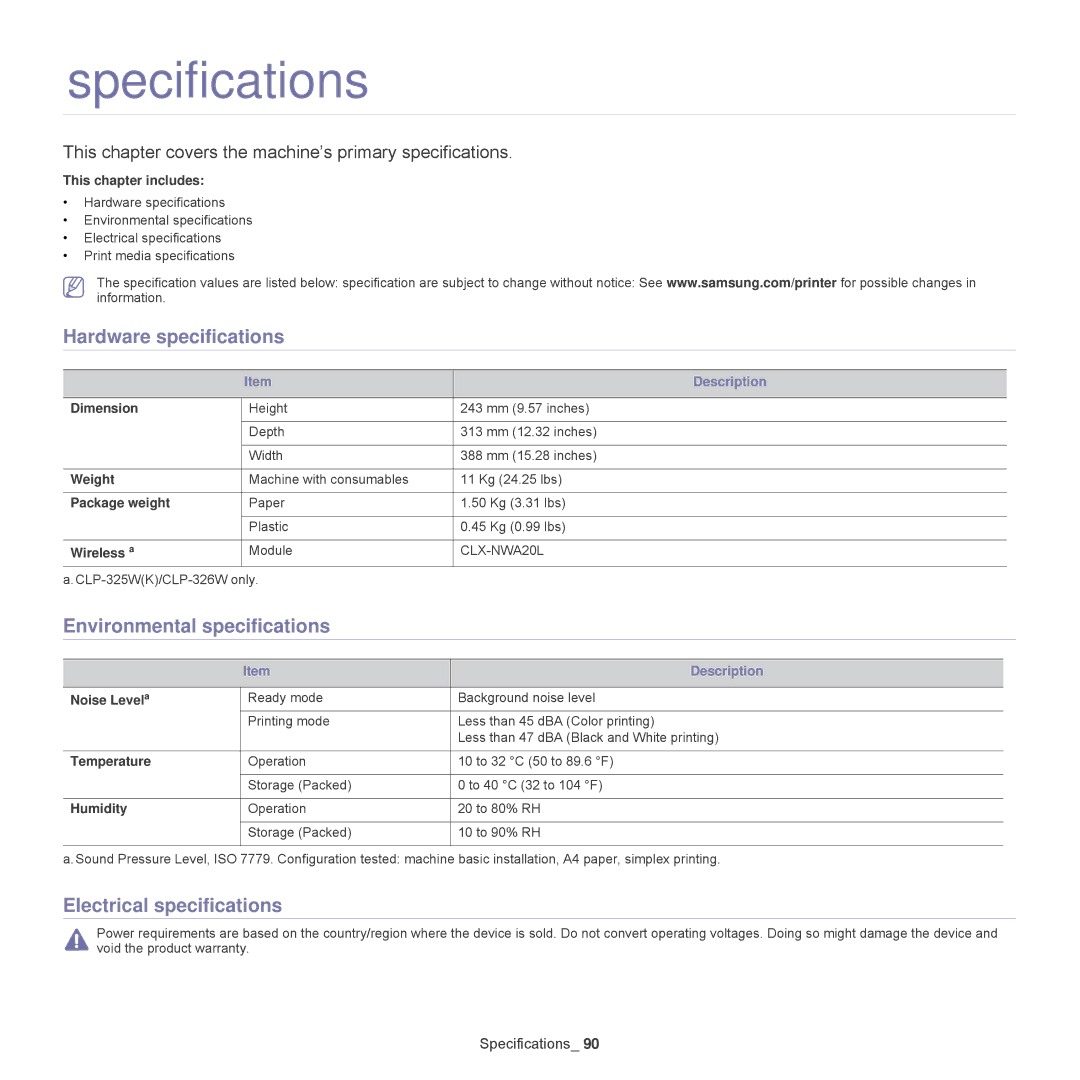 Samsung CLP-325W, CLP-320 Specifications, Hardware specifications, Environmental specifications, Electrical specifications 