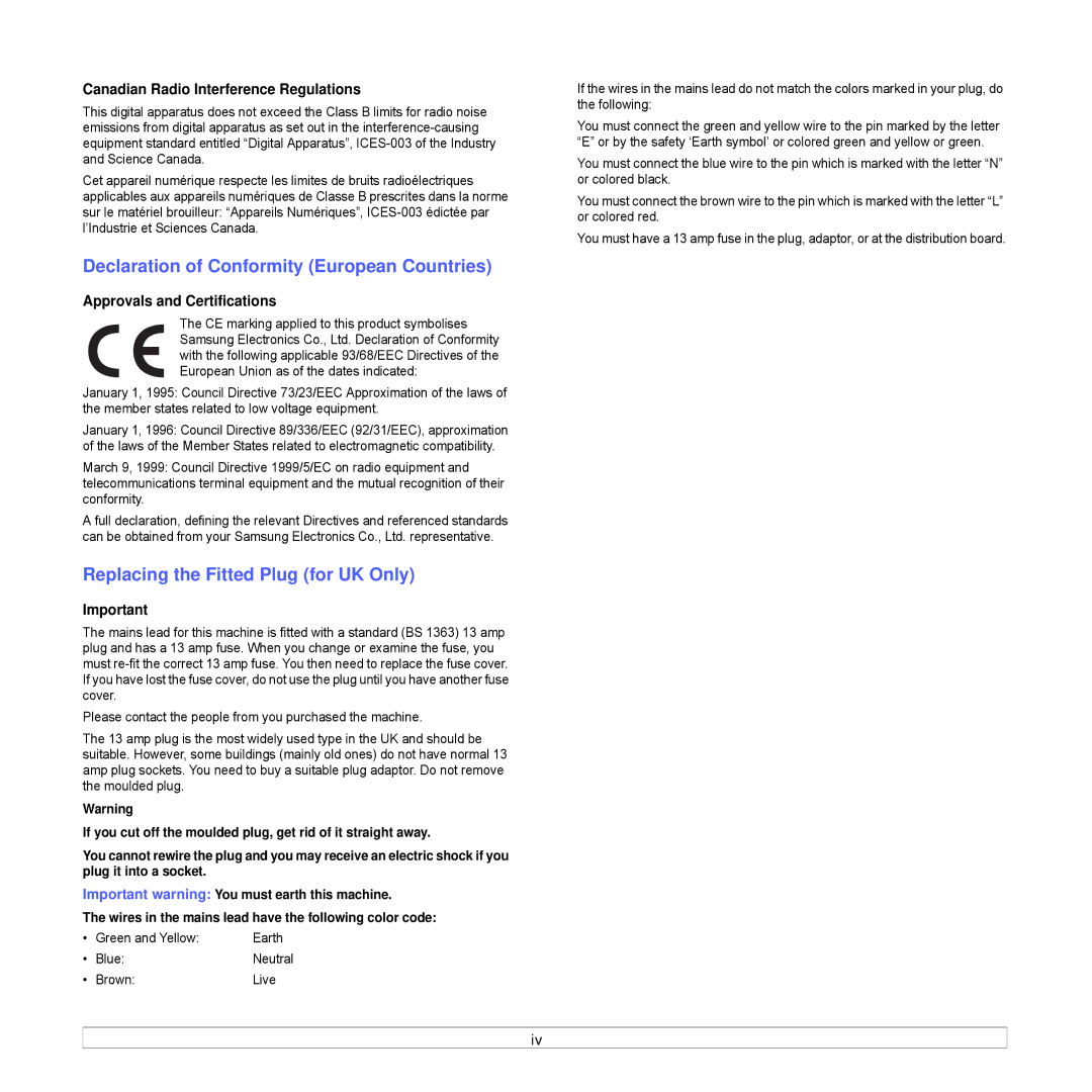 Samsung CLP-350 manual Declaration of Conformity European Countries, Replacing the Fitted Plug for UK Only 