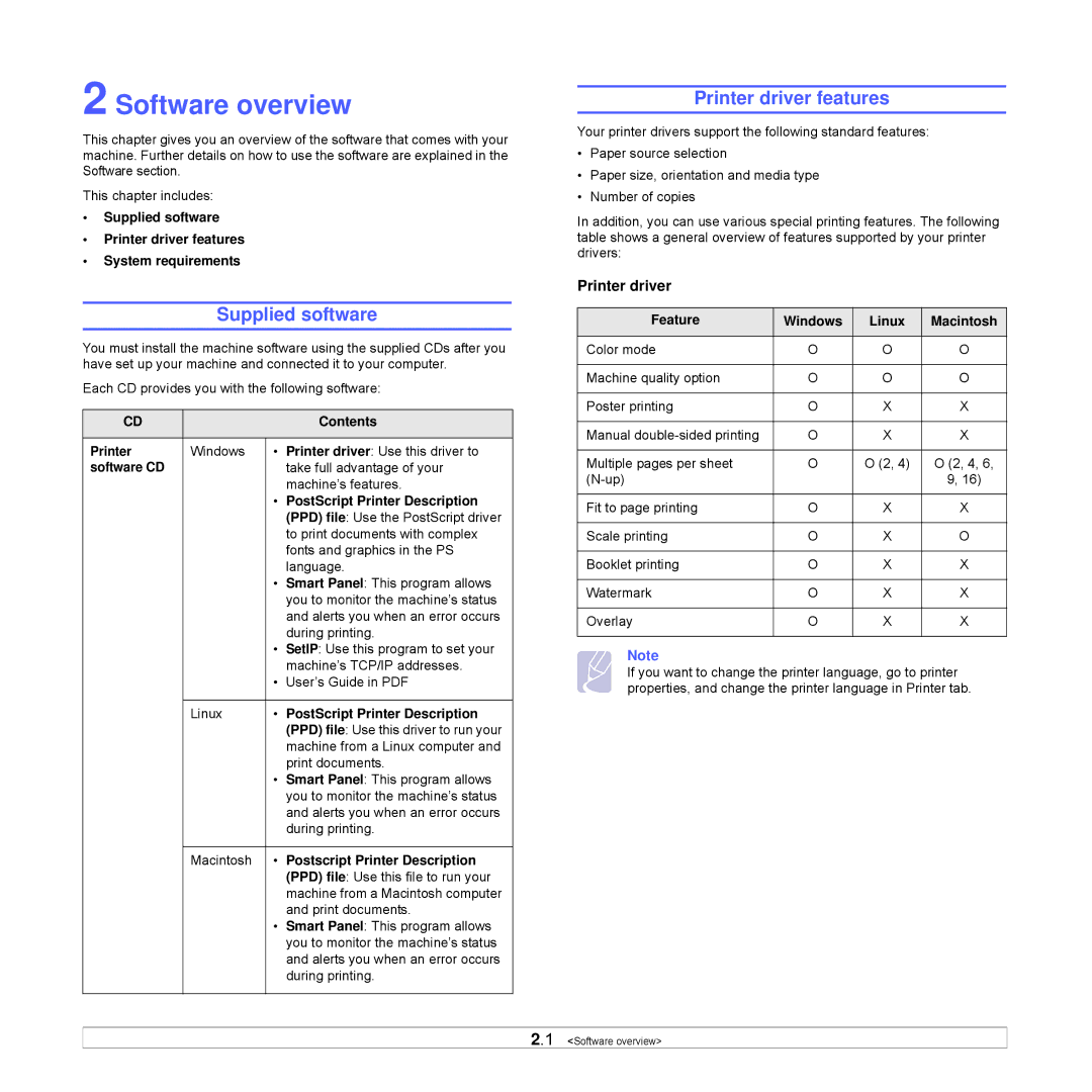 Samsung CLP-350 manual Software overview, Supplied software, Printer driver features 