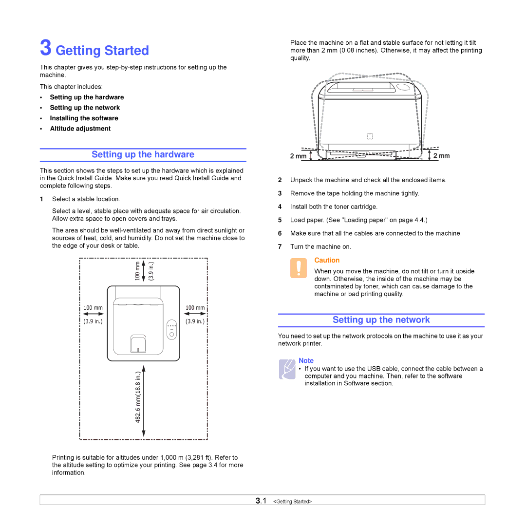 Samsung CLP-350 manual Getting Started, Setting up the hardware, Setting up the network 