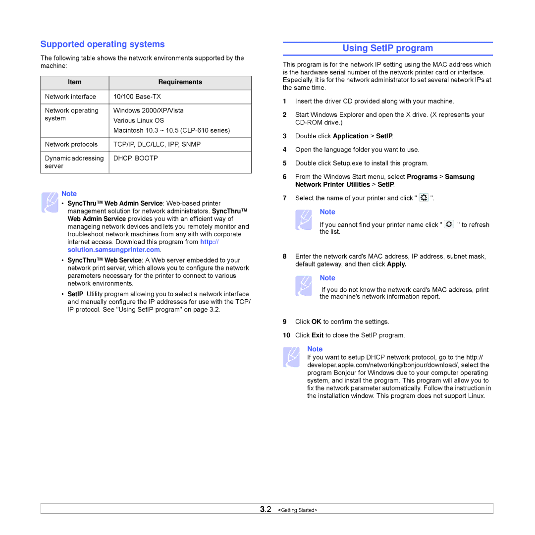 Samsung CLP-350 manual Using SetIP program, Supported operating systems, Double click Application SetIP 