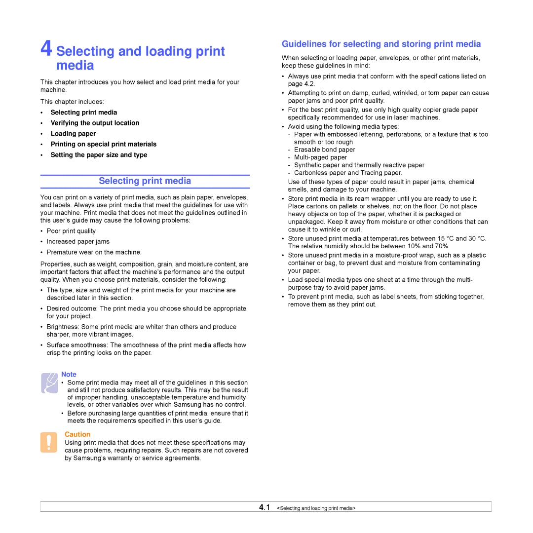 Samsung CLP-350 Selecting and loading print media, Selecting print media, Guidelines for selecting and storing print media 