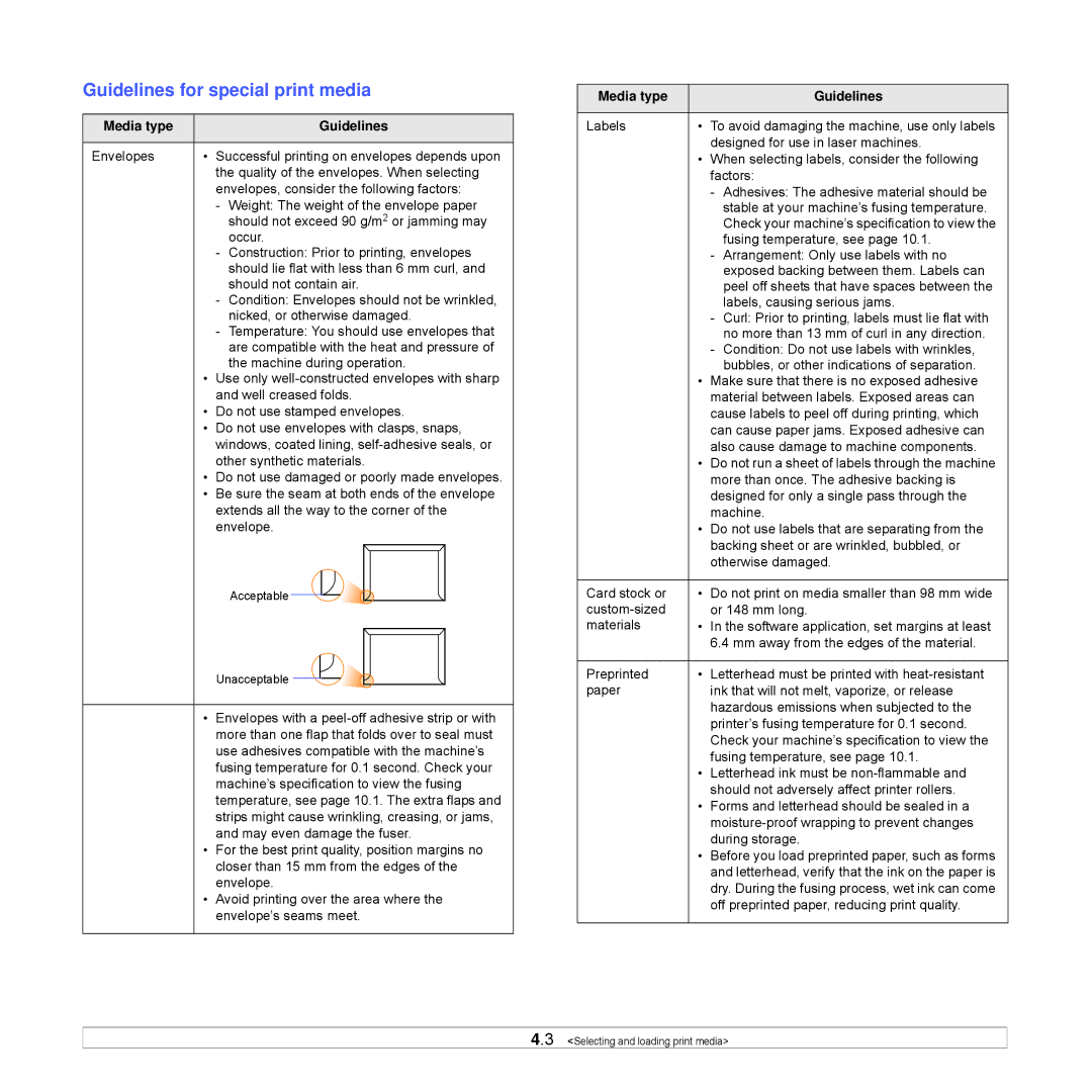 Samsung CLP-350 manual Guidelines for special print media, Media type Guidelines 