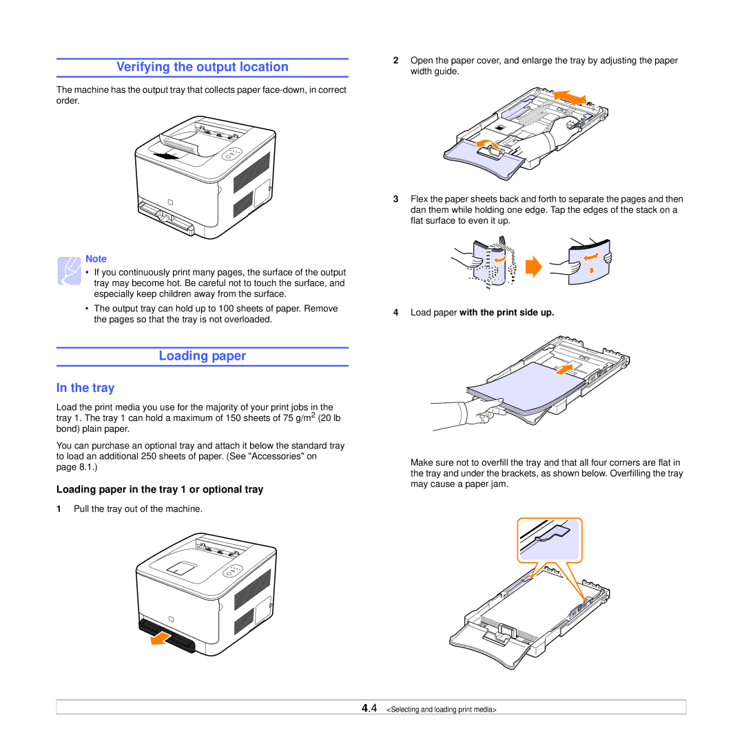 Samsung CLP-350 manual Verifying the output location, Loading paper, Tray, Load paper with the print side up 