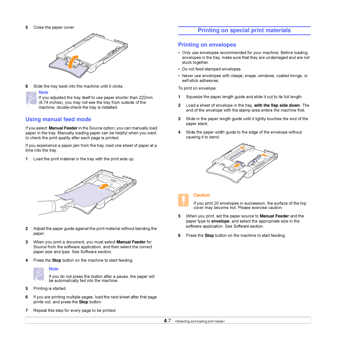 Samsung CLP-350 Printing on special print materials, Using manual feed mode, Printing on envelopes 