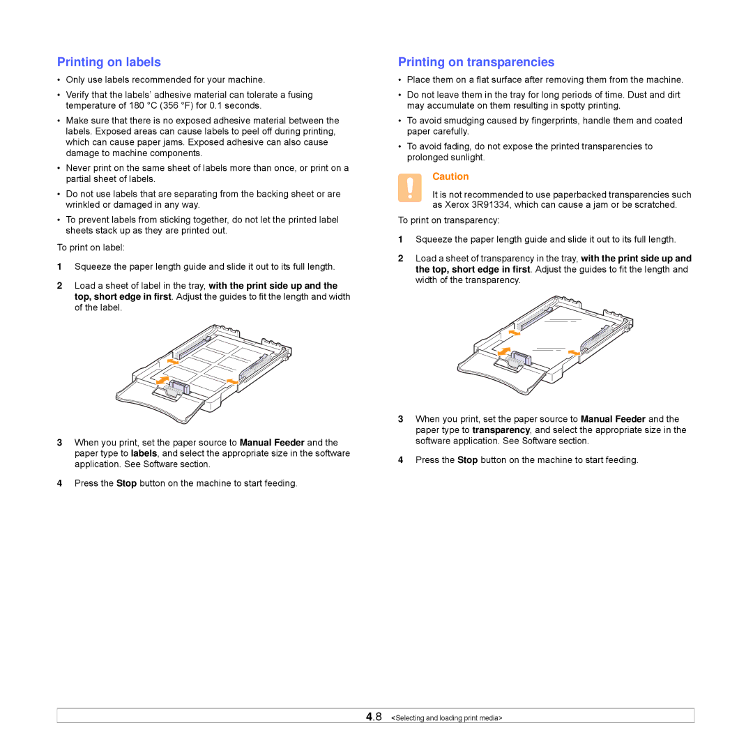 Samsung CLP-350 manual Printing on labels, Printing on transparencies 