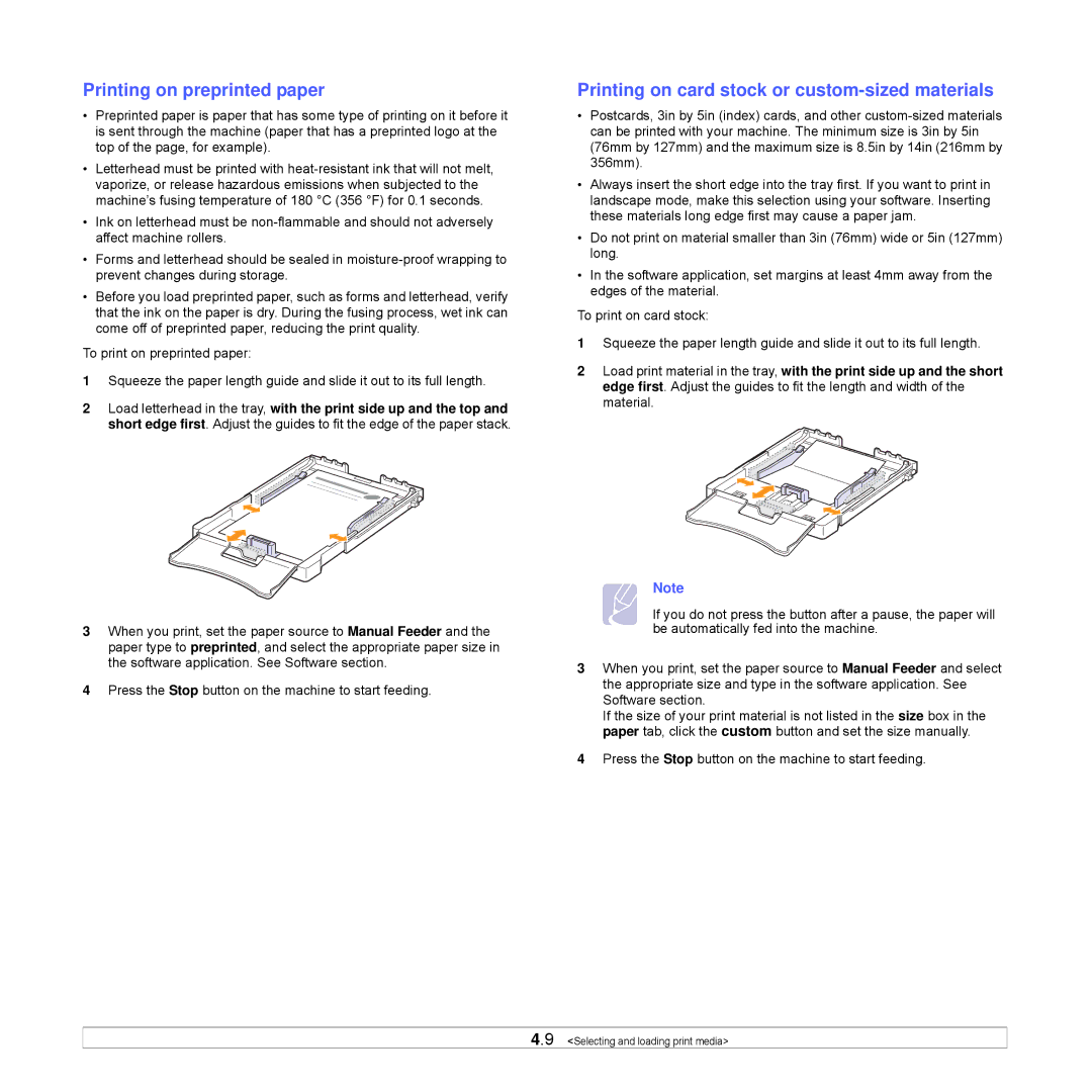 Samsung CLP-350 manual Printing on preprinted paper, Printing on card stock or custom-sized materials 