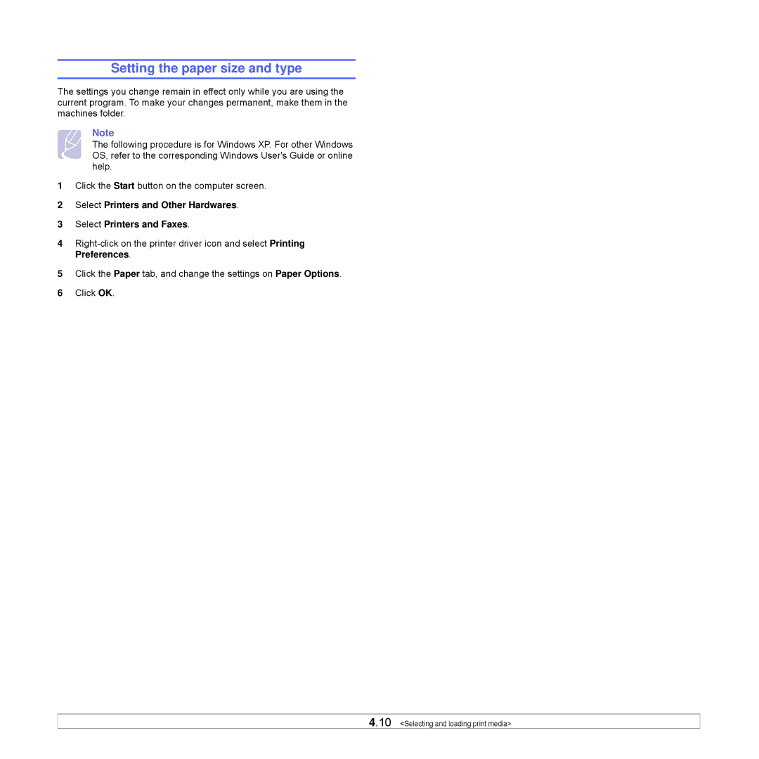 Samsung CLP-350 manual Setting the paper size and type 