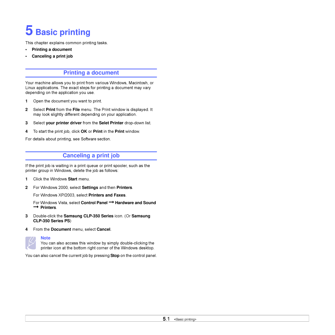 Samsung CLP-350 manual Basic printing, Printing a document Canceling a print job 