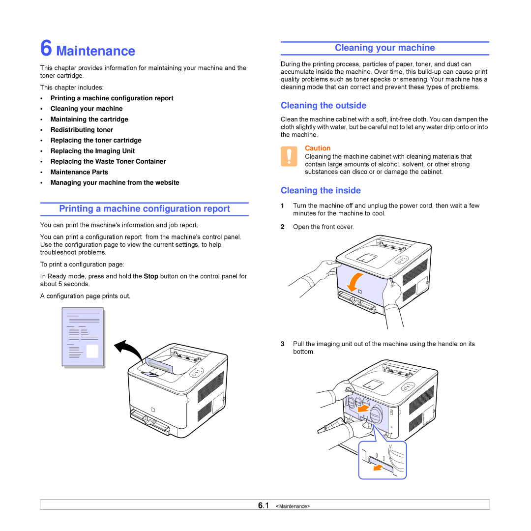 Samsung CLP-350 manual Maintenance, Printing a machine configuration report, Cleaning your machine, Cleaning the outside 