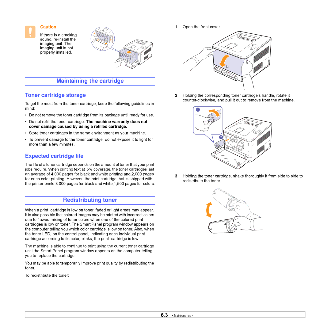 Samsung CLP-350 manual Maintaining the cartridge, Redistributing toner, Toner cartridge storage, Expected cartridge life 