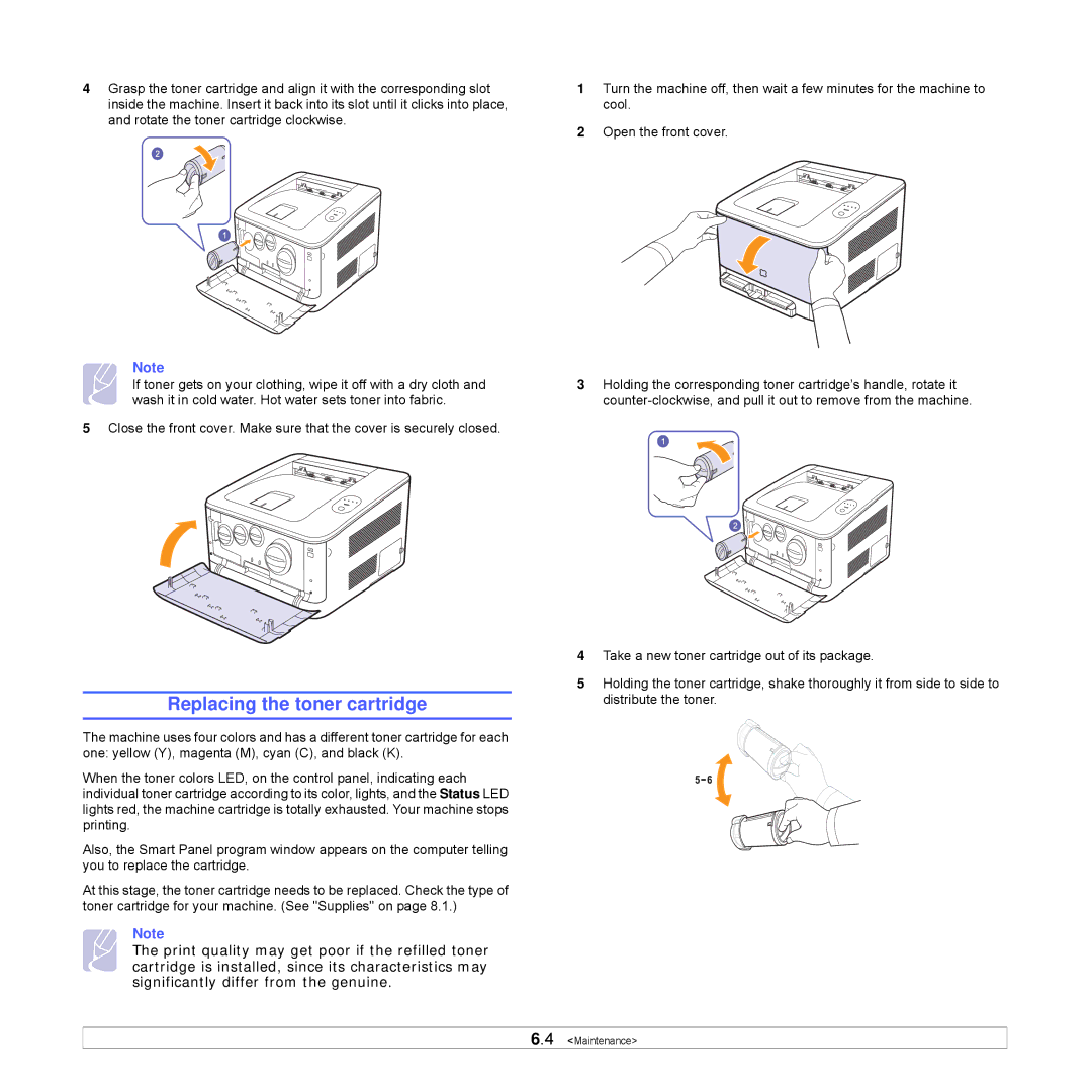 Samsung CLP-350 manual Replacing the toner cartridge 