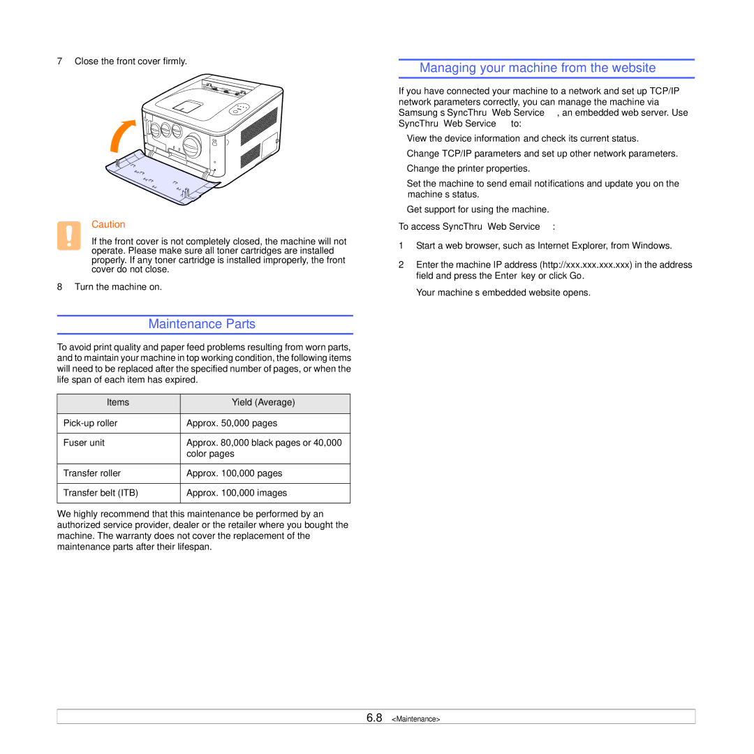 Samsung CLP-350 manual Maintenance Parts, Managing your machine from the website, Items Yield Average 