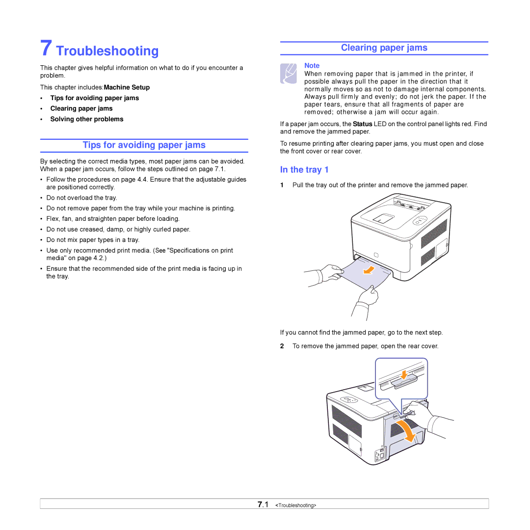 Samsung CLP-350 manual Troubleshooting, Tips for avoiding paper jams, Clearing paper jams 