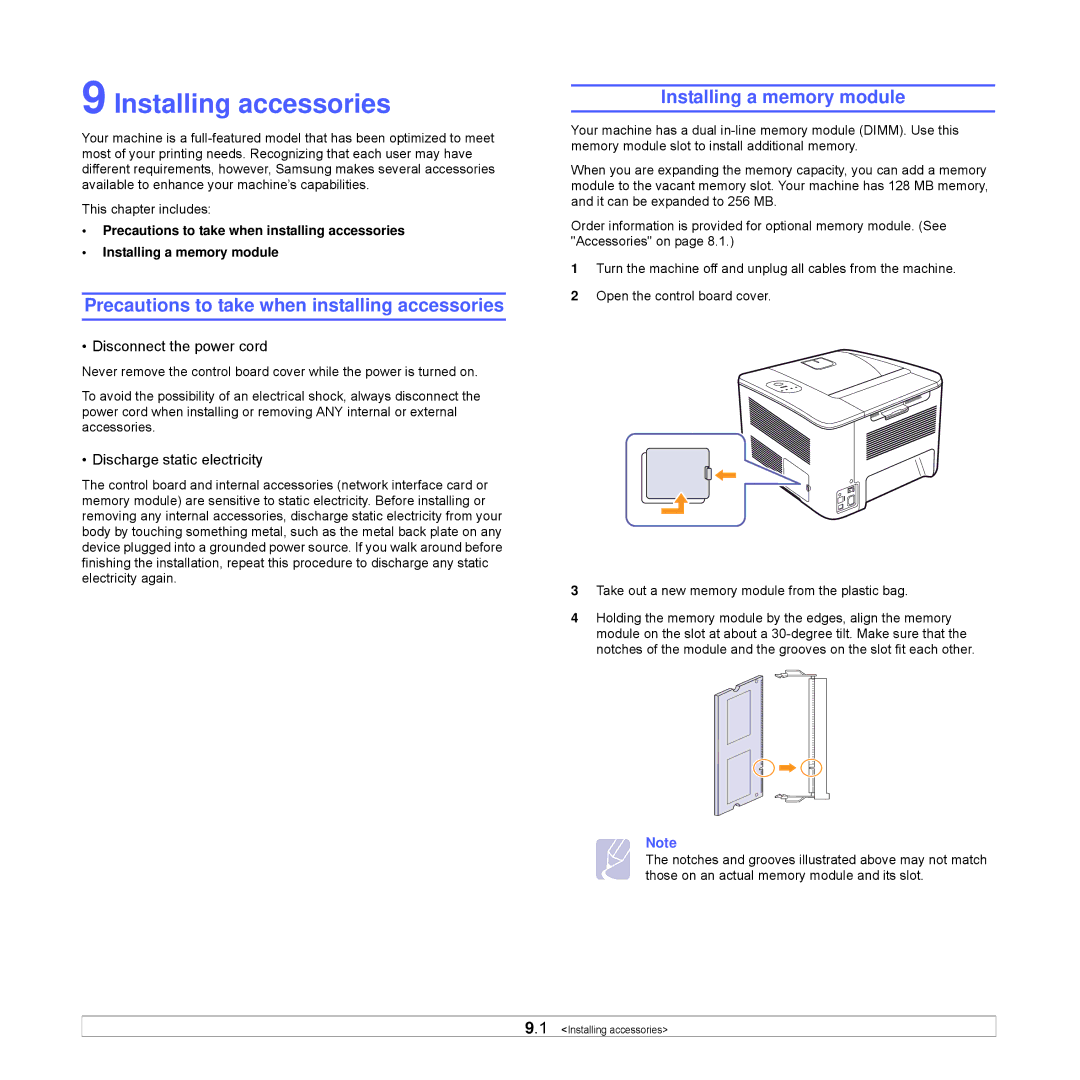 Samsung CLP-350 manual Installing accessories, Precautions to take when installing accessories, Installing a memory module 