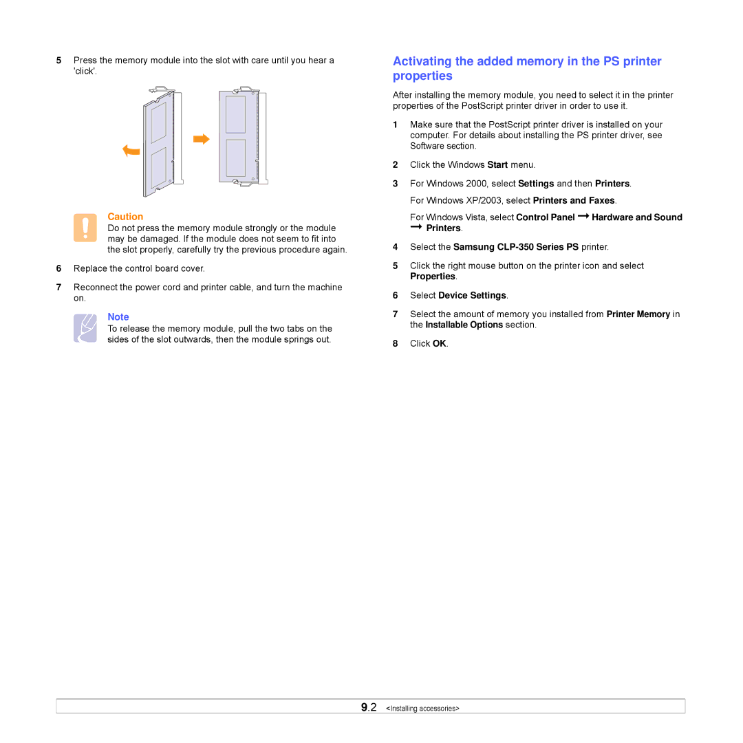 Samsung CLP-350 manual Activating the added memory in the PS printer properties, Select Device Settings 