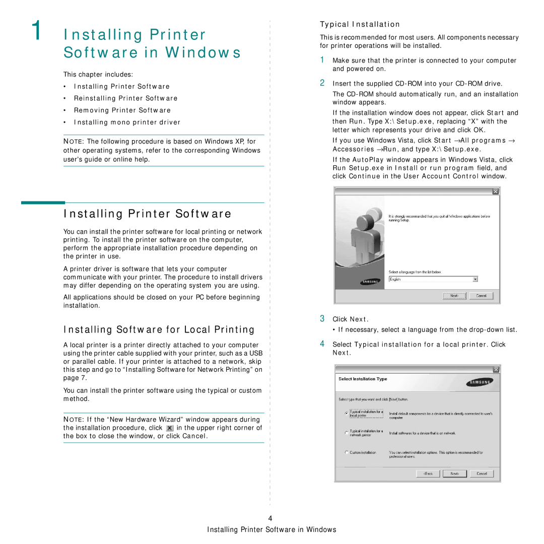 Samsung CLP-350 manual Installing Printer Software, Installing Software for Local Printing, Typical Installation 