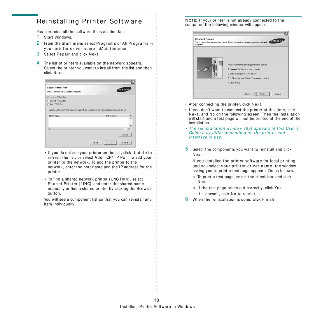 Samsung CLP-350 manual Reinstalling Printer Software, Select the components you want to reinstall and click Next 