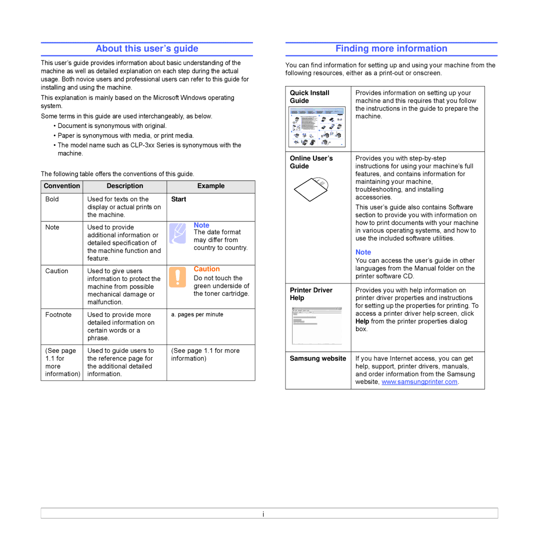 Samsung CLP-350 manual About this user’s guide, Finding more information 