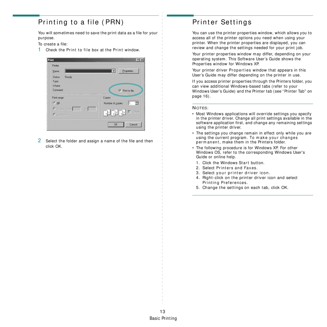 Samsung CLP-350 manual Printing to a file PRN, Printer Settings, Select Printers and Faxes Select your printer driver icon 