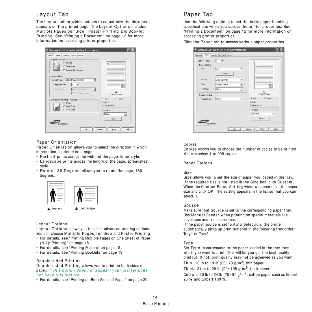 Samsung CLP-350 manual Layout Tab, Paper Tab, Paper Orientation, Source 