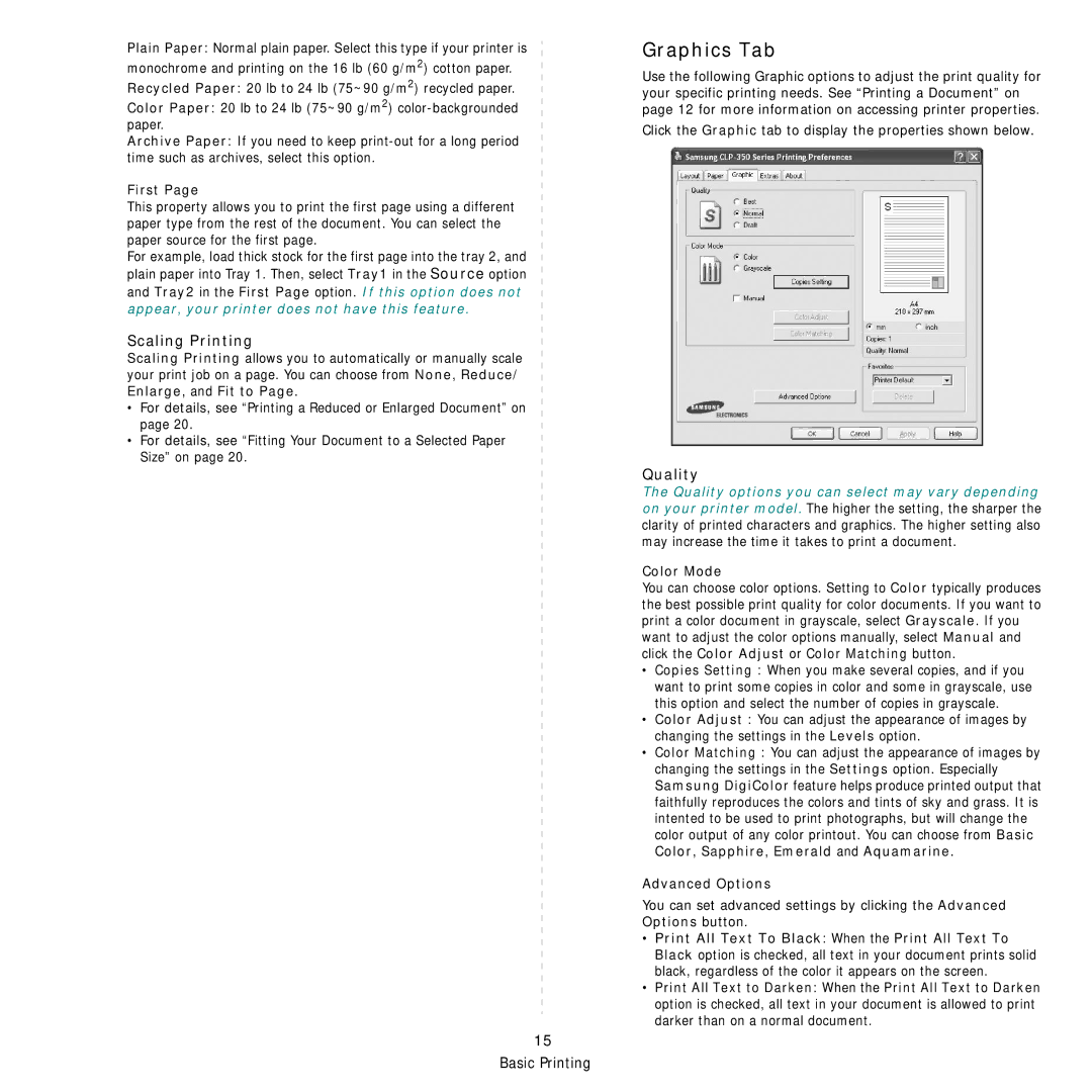 Samsung CLP-350 manual Graphics Tab, Scaling Printing, Quality 