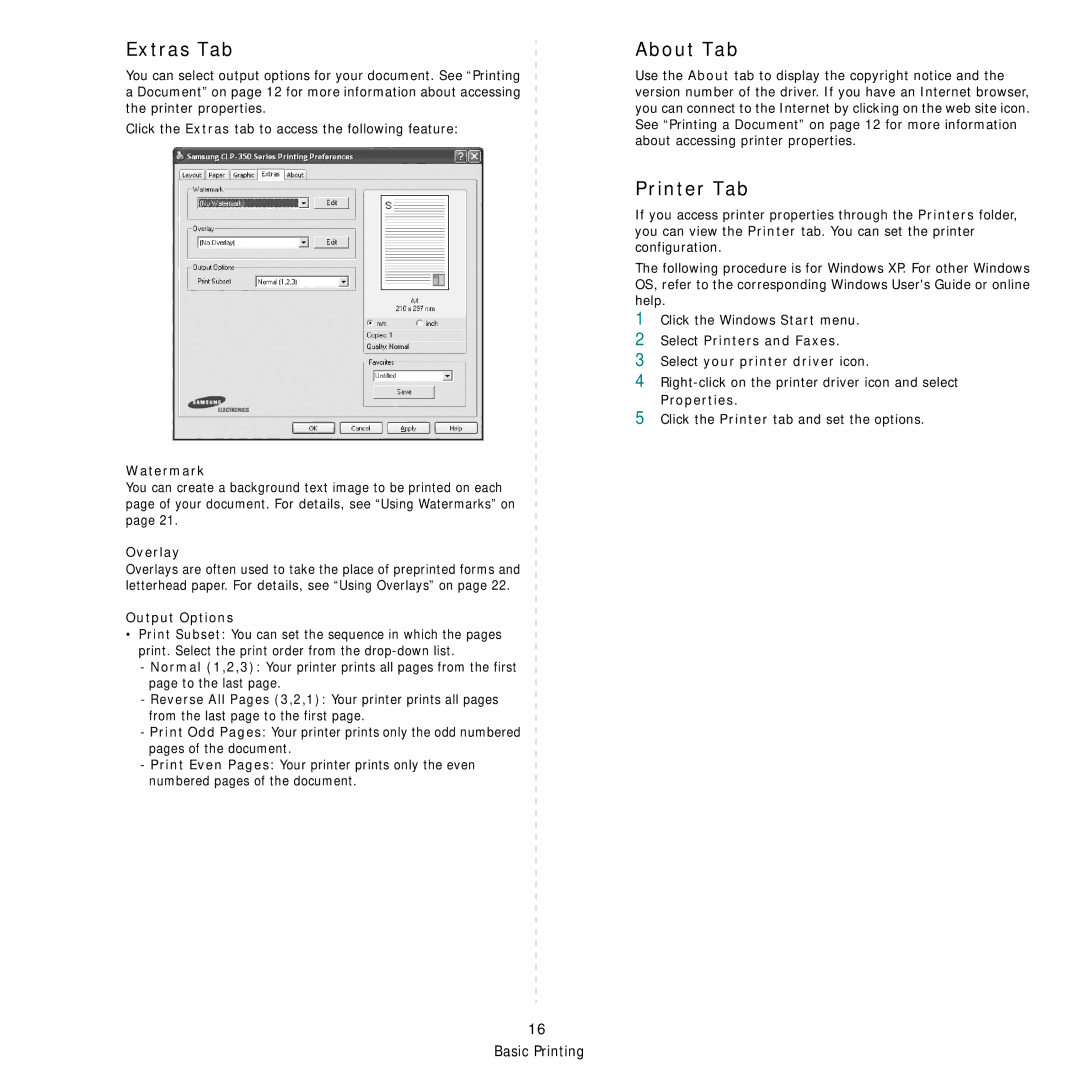 Samsung CLP-350 manual Extras Tab, About Tab, Printer Tab 