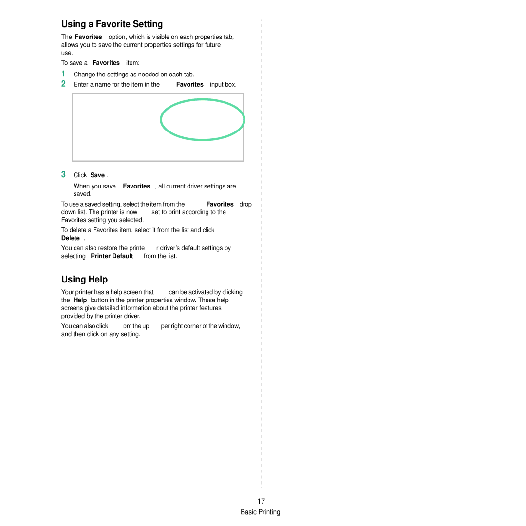 Samsung CLP-350 manual Using a Favorite Setting, Using Help 