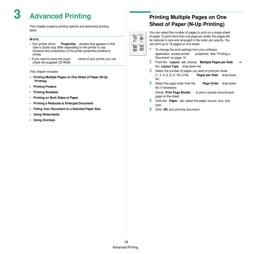 Samsung CLP-350 manual Advanced Printing, Printing Multiple Pages on One Sheet of Paper N-Up Printing 