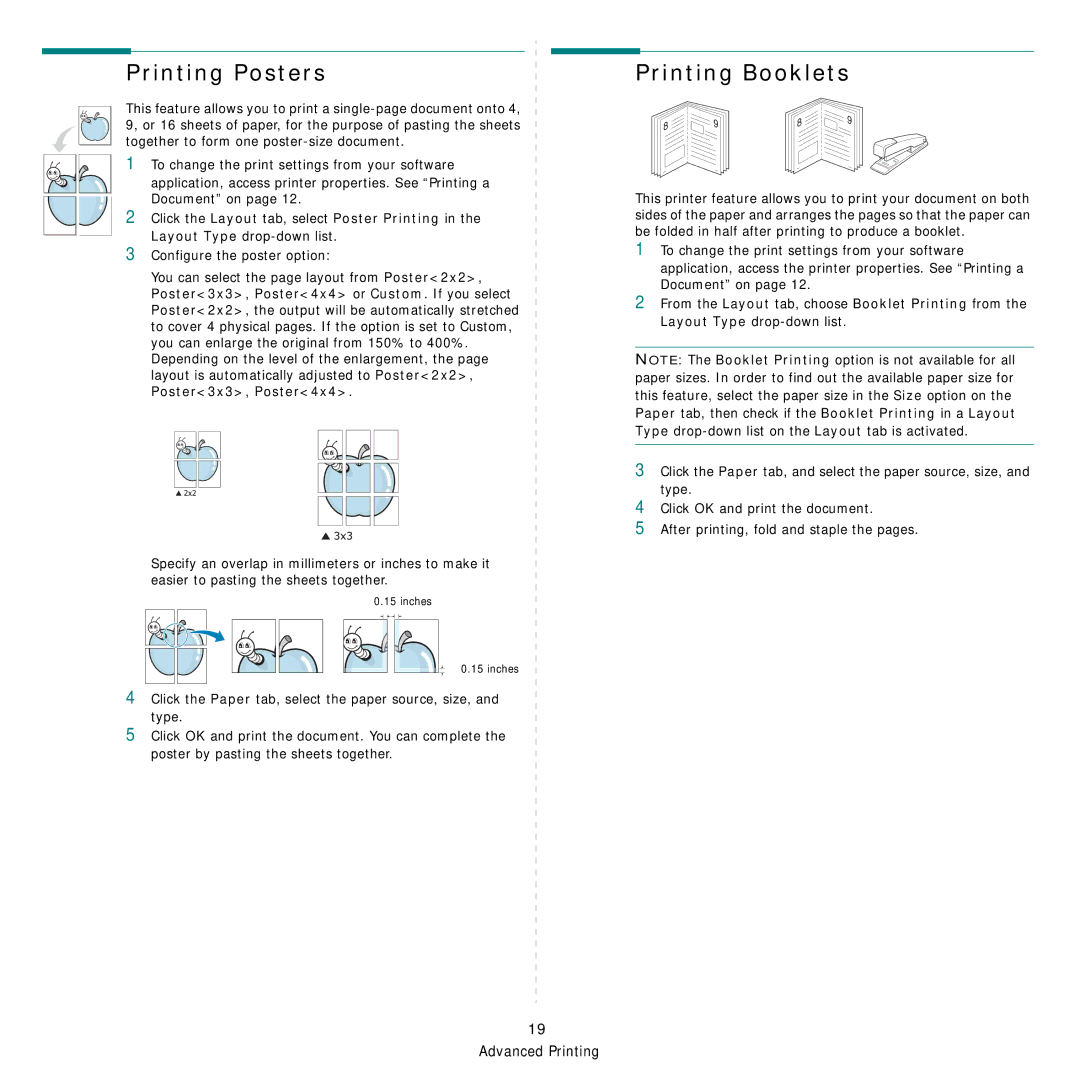 Samsung CLP-350 manual Printing Posters, Printing Booklets 