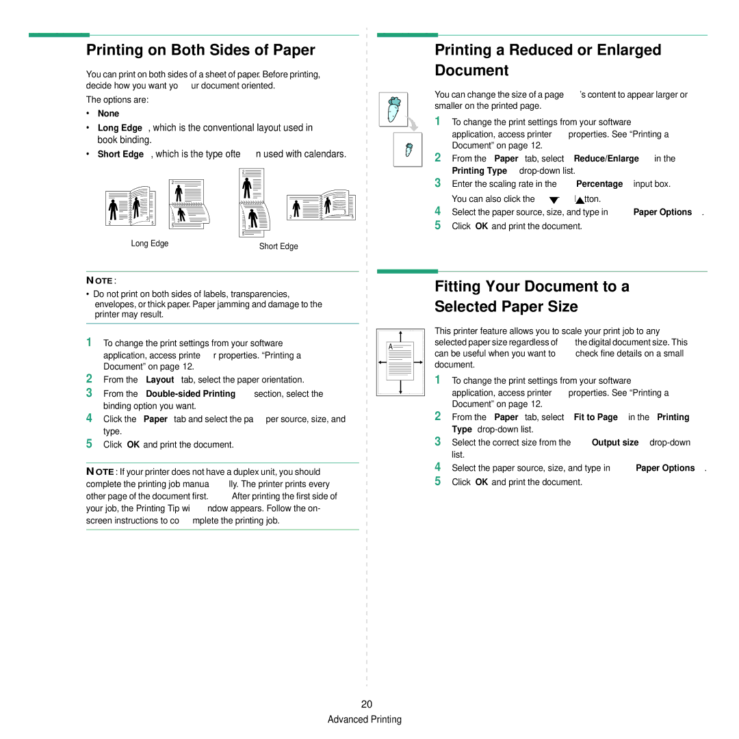 Samsung CLP-350 manual Printing on Both Sides of Paper, Printing a Reduced or Enlarged Document, None 