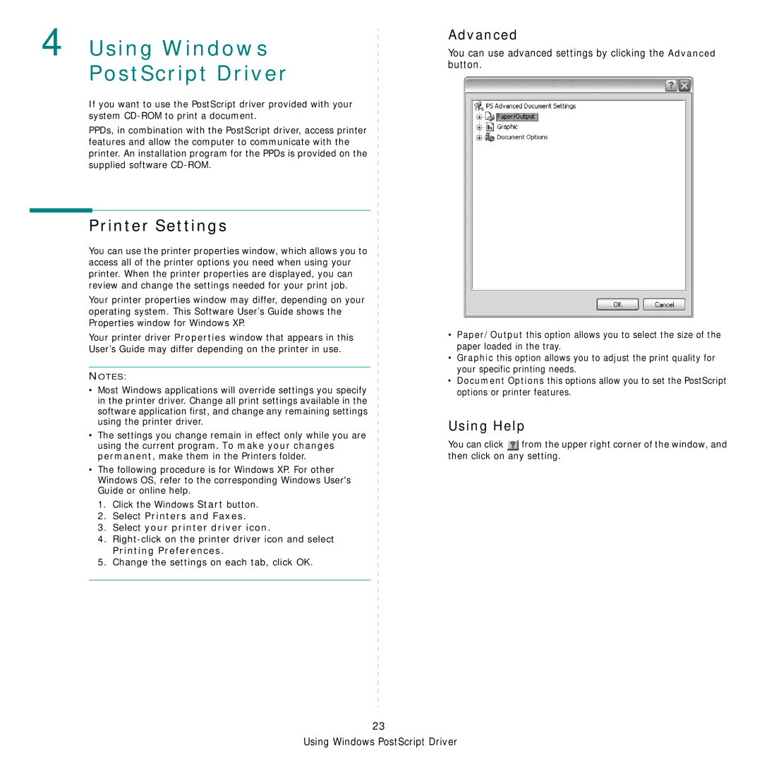 Samsung CLP-350 manual Using Windows PostScript Driver, Advanced 