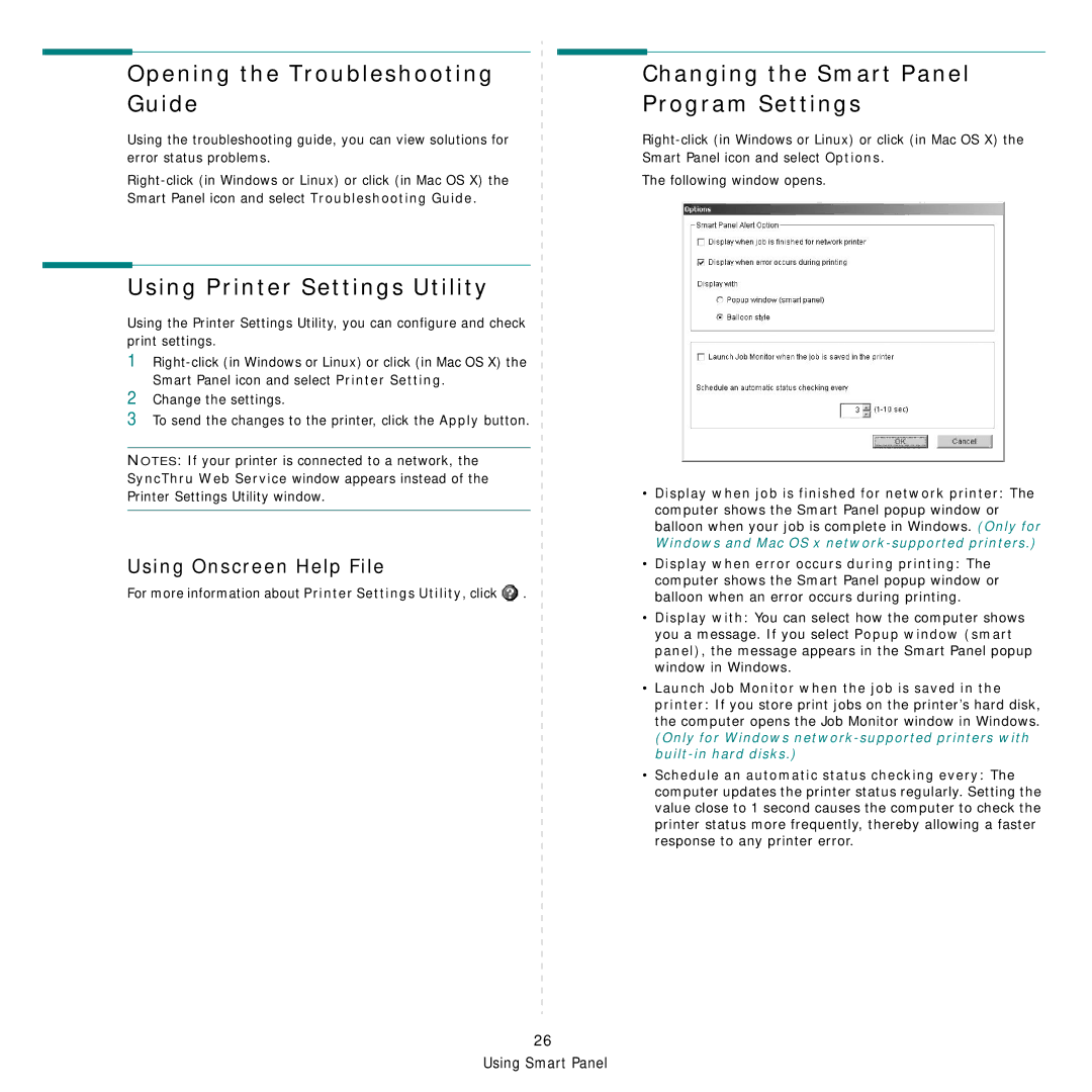 Samsung CLP-350 manual Opening the Troubleshooting Guide, Using Printer Settings Utility, Using Onscreen Help File 