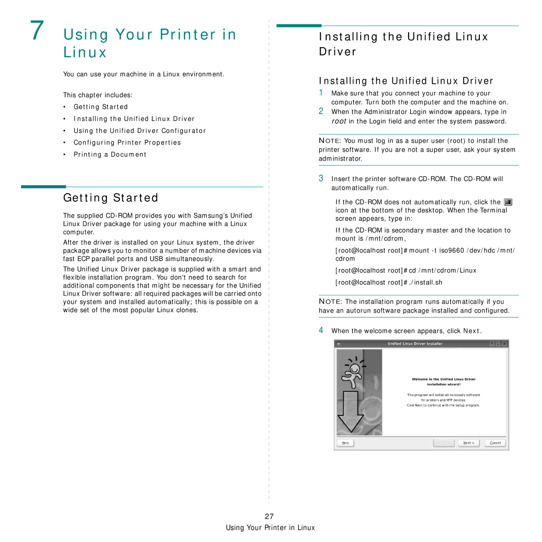 Samsung CLP-350 manual Getting Started, Installing the Unified Linux Driver 