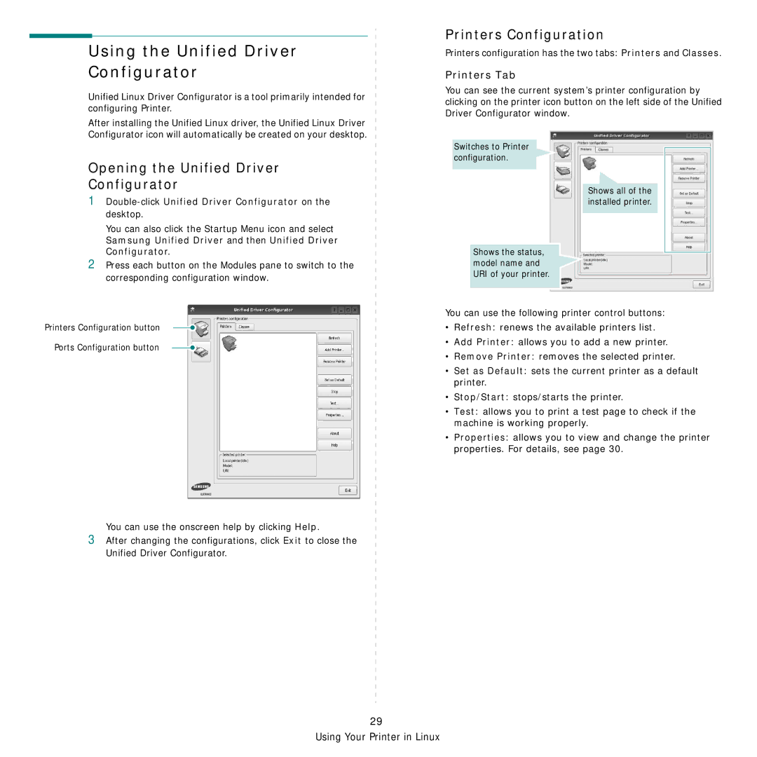 Samsung CLP-350 Using the Unified Driver Configurator, Printers Configuration, Opening the Unified Driver Configurator 