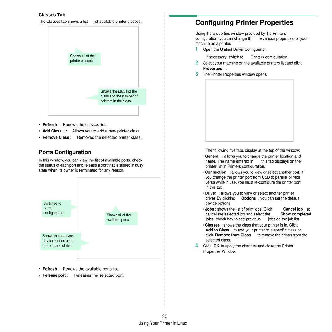 Samsung CLP-350 manual Configuring Printer Properties, Ports Configuration, Classes Tab 