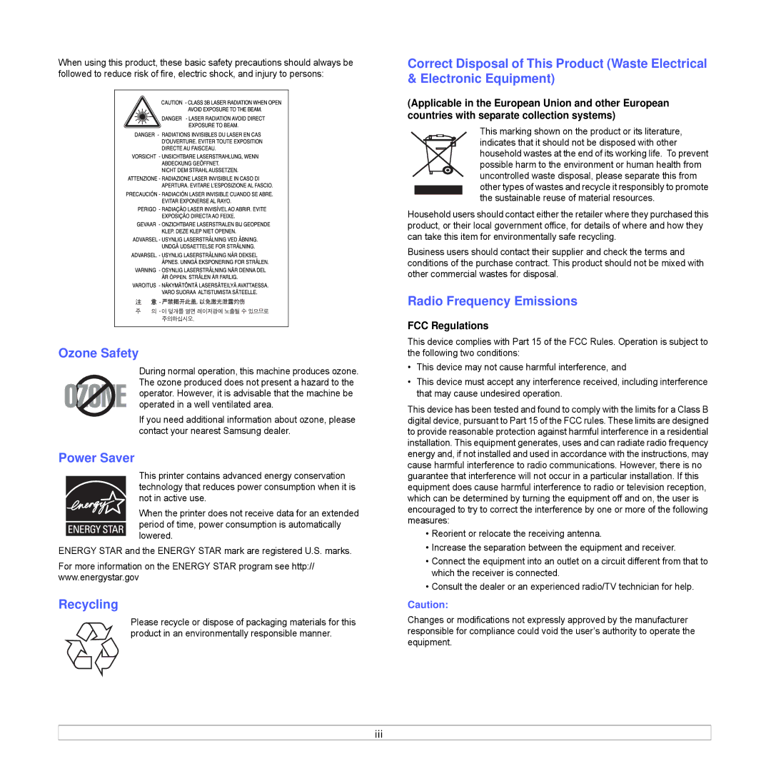 Samsung CLP-350 manual Ozone Safety, Power Saver, Recycling, Radio Frequency Emissions 