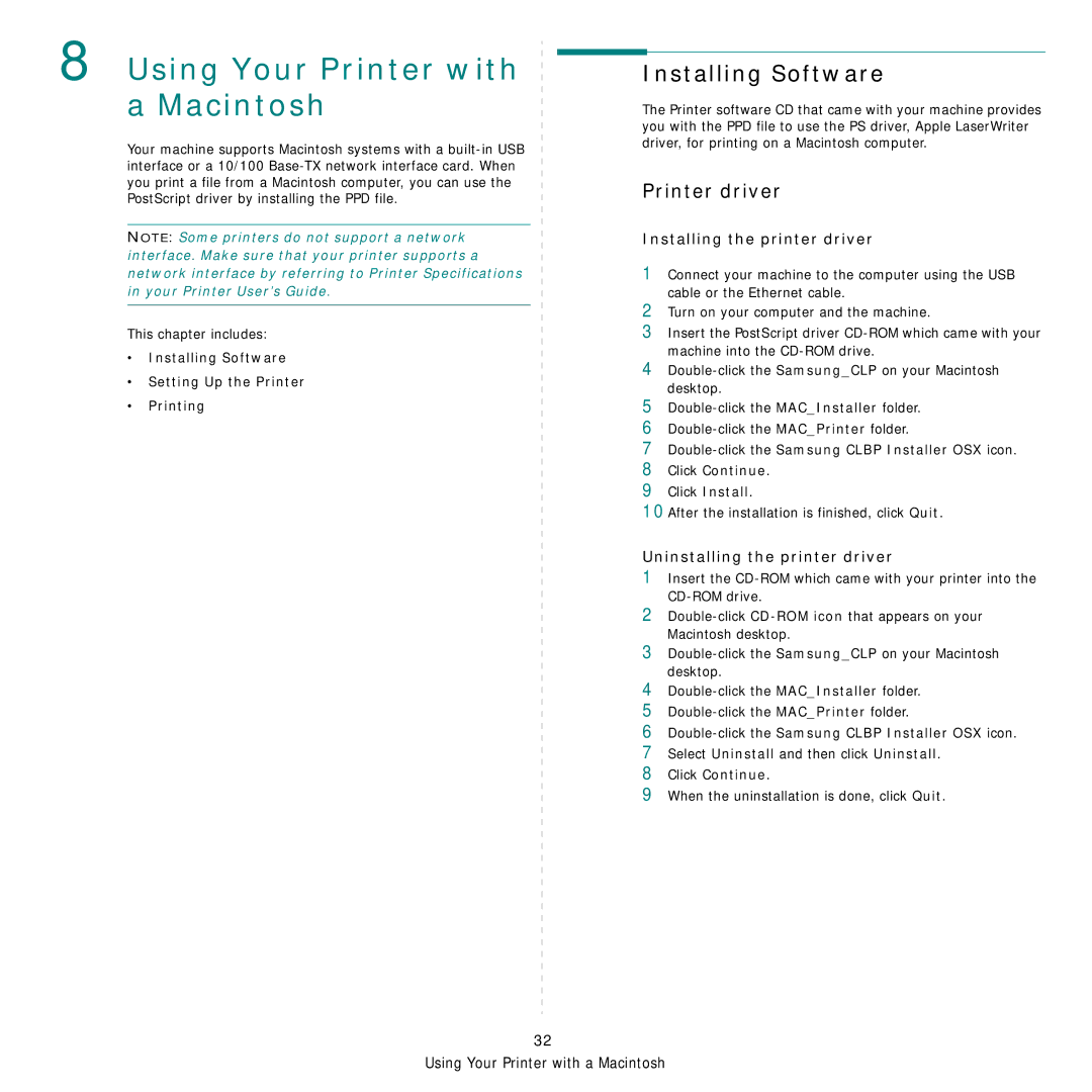 Samsung CLP-350 manual Installing Software, Printer driver, Installing the printer driver, Uninstalling the printer driver 